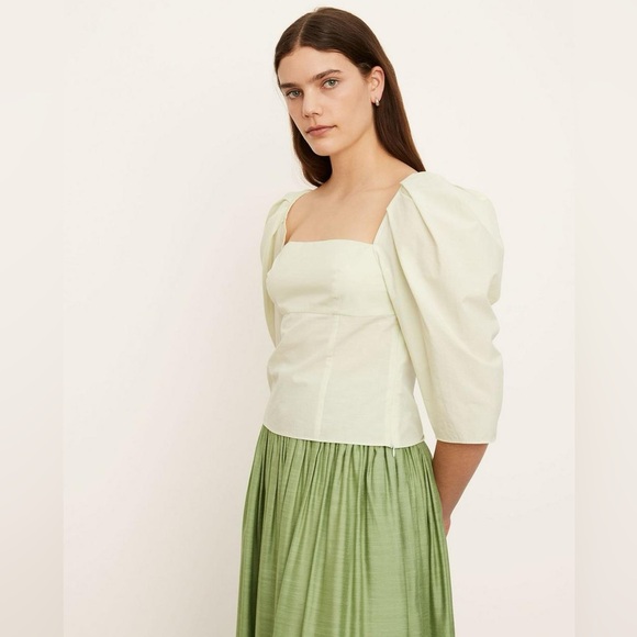 NWOT Vince Draped Square Neck Cotton Top with Puff Sleeves in Honeydew - Picture 9 of 14